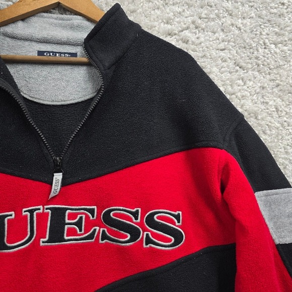 Guess Sweater Mens‎ Medium Black Red Fleece Spellout 1/4 Zip Vintage Y2K - Picture 3 of 13